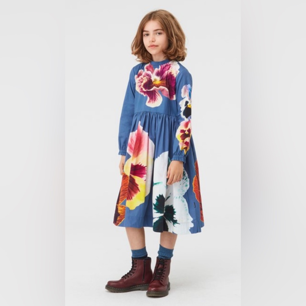 Molo Blue Floral Print Long Sleeve Kids Dress